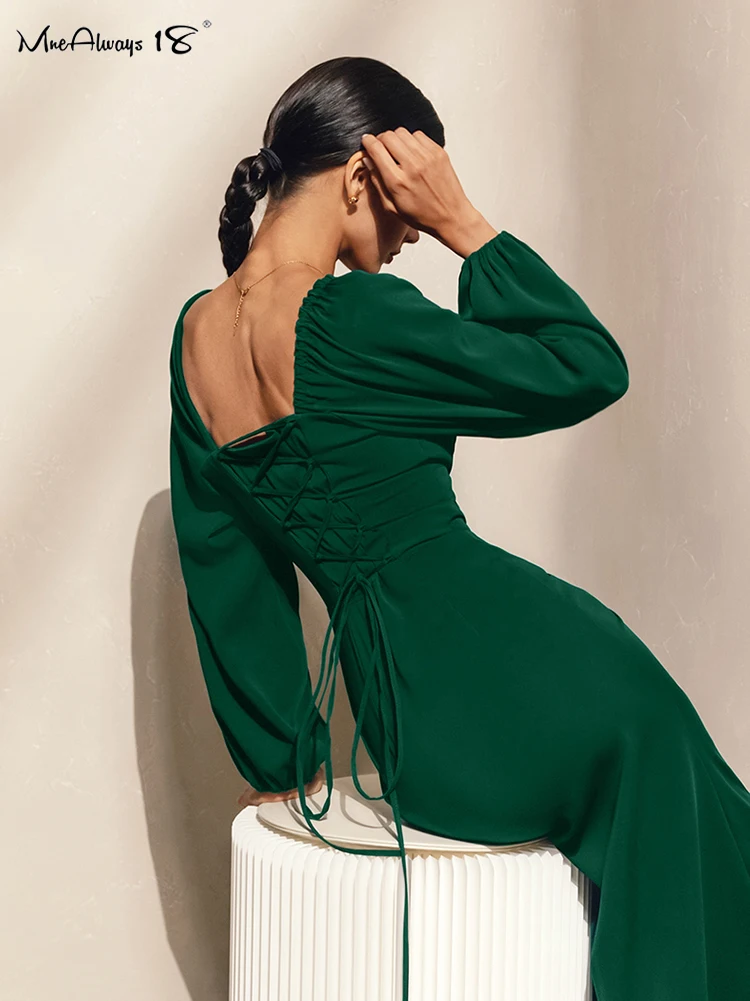 Mnealways18 Puff Sleeve A-Line Elegant Green Dress Lace-Up Irregular Women Ruched Solid Long Dress Office Ladies Zip Split 2024