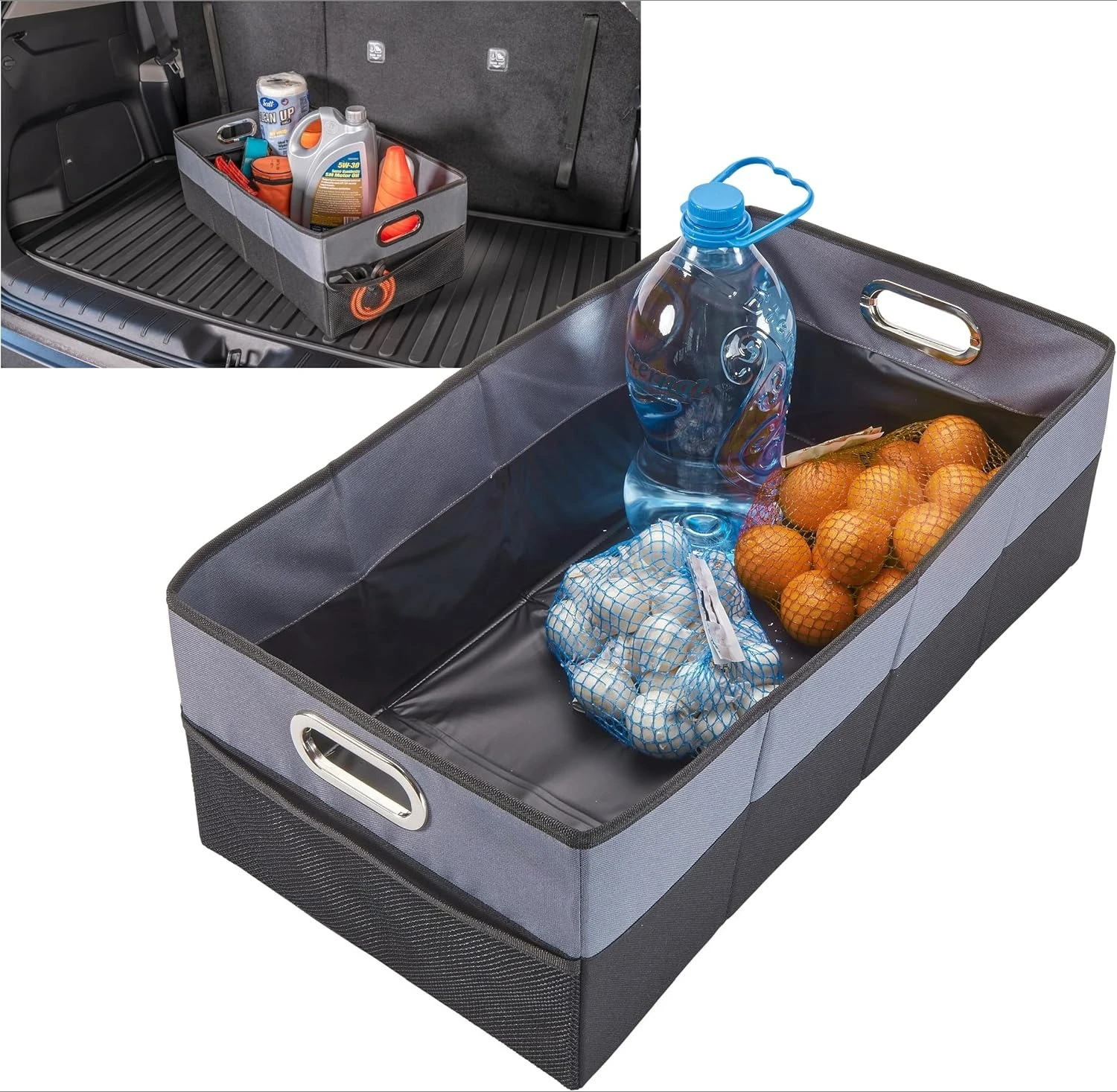 

Car Storage Box - Leak-proof Car Trunk Organizer with Metal Handle and Front Mesh Pocket, 12x24 inches - Single Pack