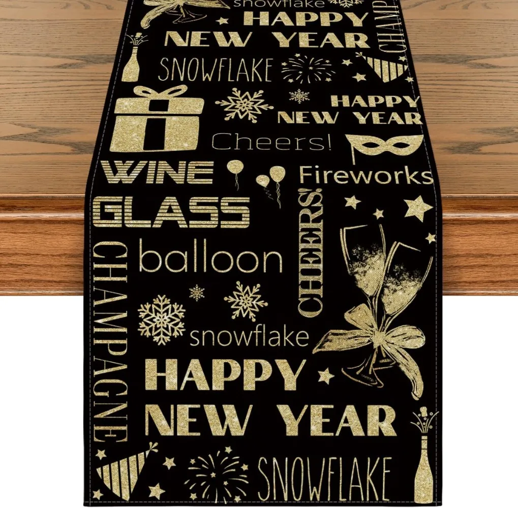 Artoid Mode Cheers Firework Happy New Year Motto Table Runner, Seasonal Winter Kitchen Dining Table Decoration