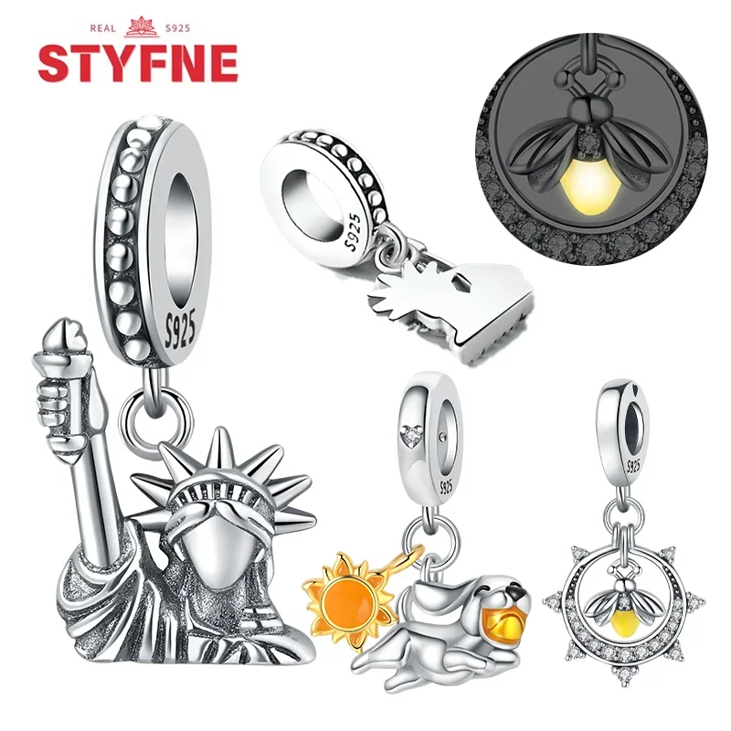 Original 925 Sterling Silver Lady Liberty Luminous Firefly Charms Beads Fit Original Bracelets for Women DIY Jewelry Gift Making