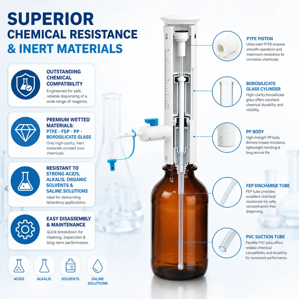 IKEME Adjustable Volume Laboratory Bottle Top Dispenser 0.5-60ml Large Capacity Liquid Pipette for Scientific Research