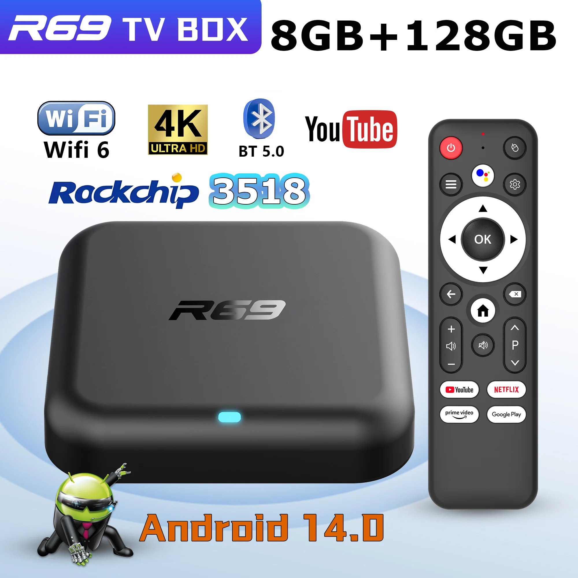 2025 Smart TV Box R69-1 Android 14 Ram 8GB Rom 128GB Streaming Media Player Bluetooth 5.4 5G Wifi Google Voice Set Top Box