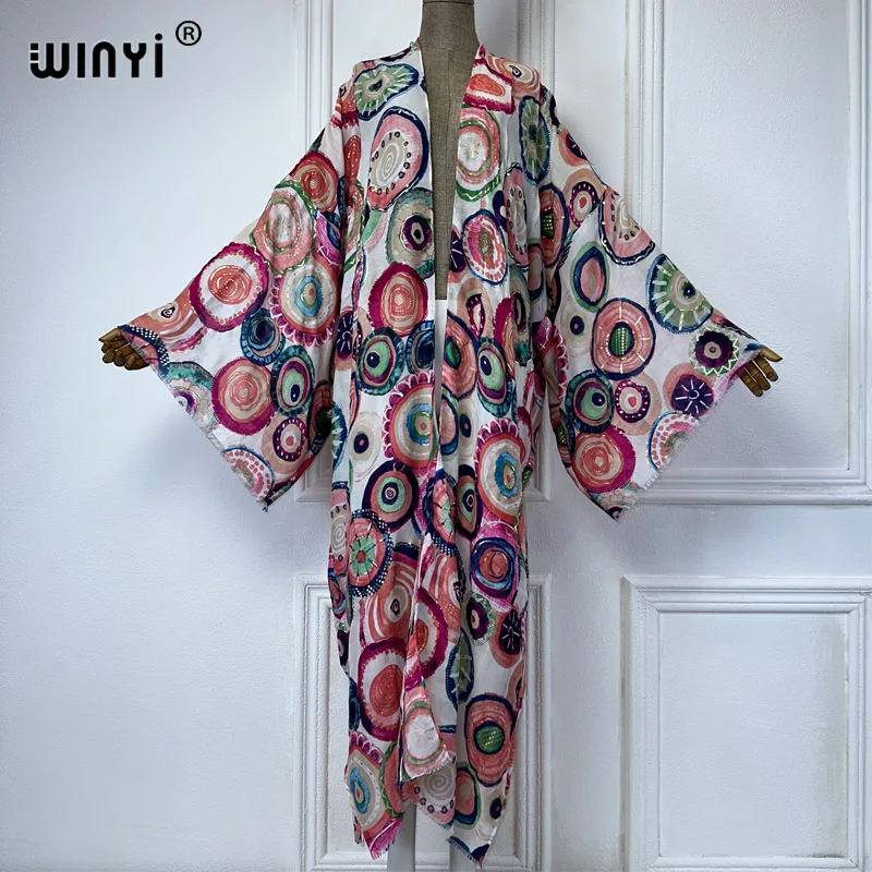 Winyi Kimono Vrouwen Zomer Print Hot Stamping Vest Vrouw Kaftan Abaya Dubai Luxe Strand Cover Up Boho Kleding Feestjurk