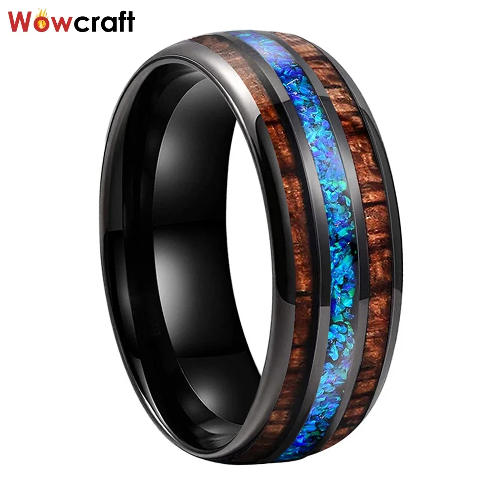 Blue Opal Wood Inlay Tungsten Wedding Band Black Men's Women's Engagement Promise Ring Domed Polished Shiny Comfort Fit