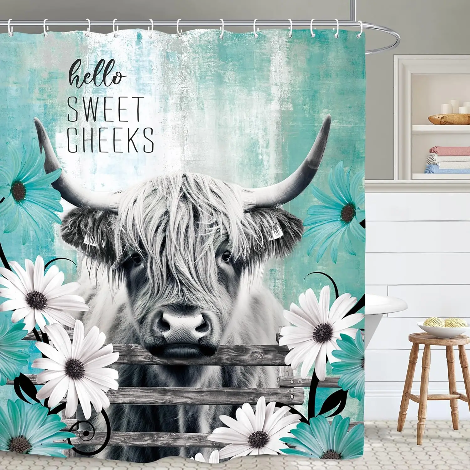 Sunflower Cowboy Boots Shower Curtain Rustic Farmhouse Highland Cow Daisy Watercolor Floral Butterfly Bathroom Decor with Hooks