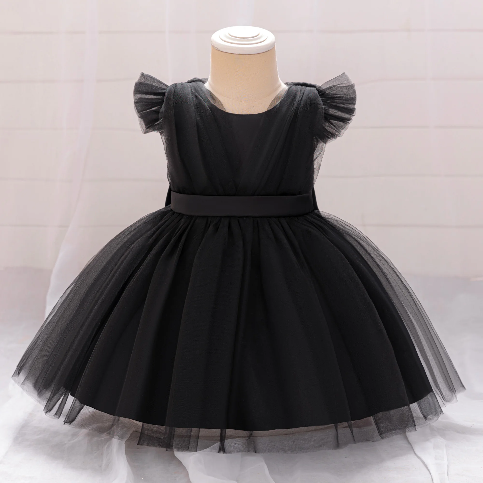 Toddler Bow Girls Party Dress Halloween Prom Gown Girl Fly Sleeves 1st Birthday Wedding Princess Dresses Kids Clothing 1-4 Years