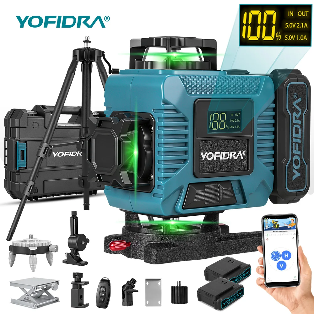 YOFIDRA 16-Linien 4D Laser-Nivelliergerät mit APP-Fernbedienung 360° °   Grüner selbstnivellierender Laser-Level für präzise horizontale und vertikale Messungen