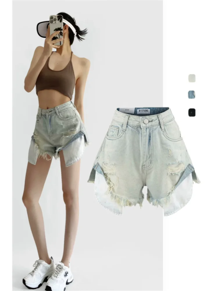 

High Street Spicy Girl Heavy Waed Distred Denim orts A-line Wide Leg Jazz Dance Hot Pants Trendy ort Skirts