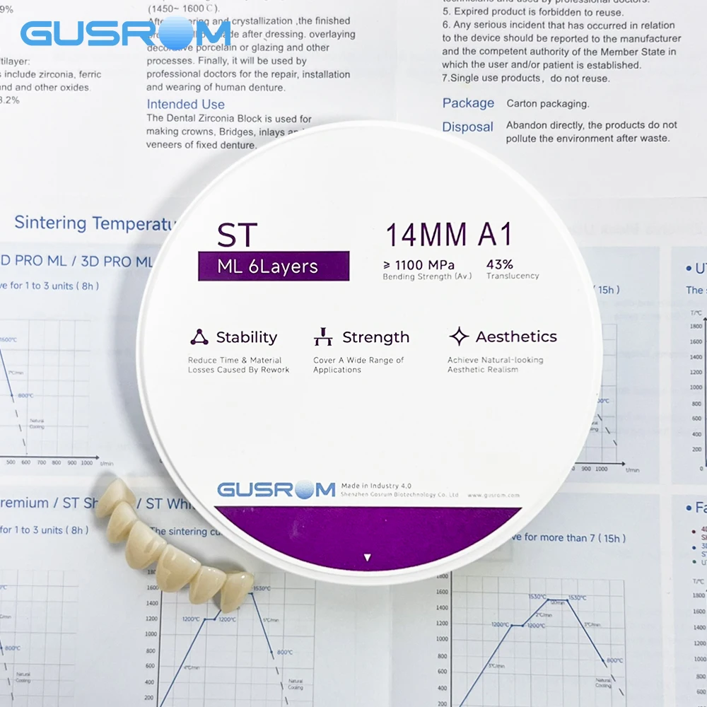 GUSROM ST ML Zirconia Block High Strength 98mm Pre-Stained Dental Zirconia Disc for CAD CAM Posterior Crown Bridge Dental Lab