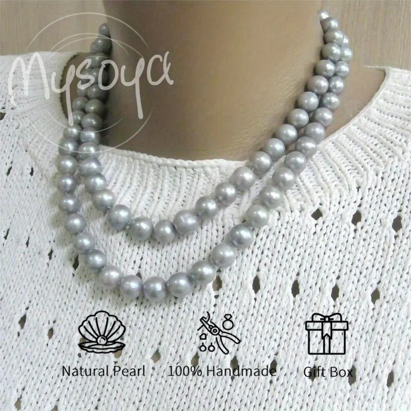 

MYSOYA 10-12 мм серое ожерелье из пресноводного жемчуга, большое натуральное с подарочной коробкой, индивидуальный подарок на свадьбу, день рождения, Рождество