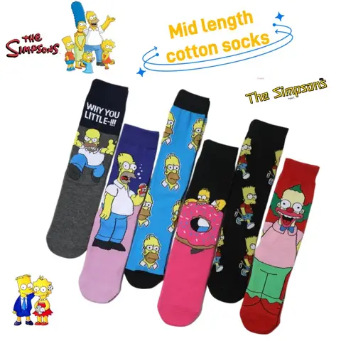 2026 New The Simpsons Cartoon Cute Family Floor Cotton Socks Creative High Beauty Doughnut Men and Women Outerwear Middle Socks