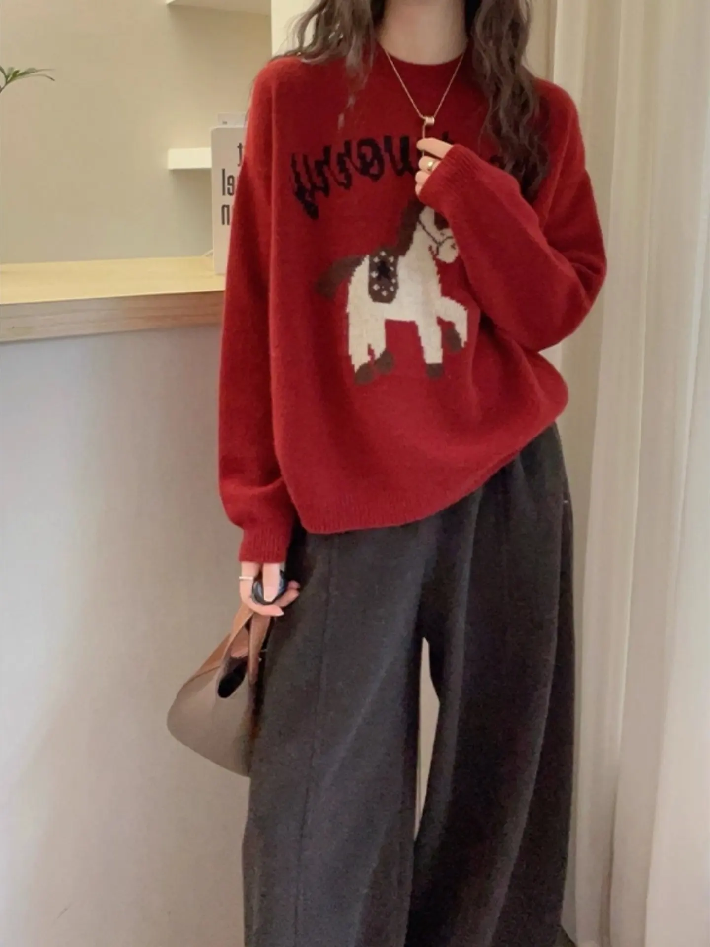 

Модный вязаный свитер-кардиган свободного кроя, новогодний красный цвет, весна-осень-зима, теплый женский топ