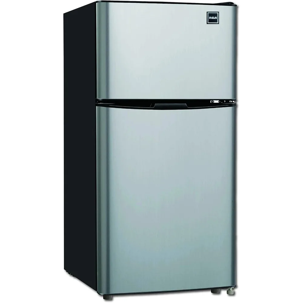 RFR459 Compact Fridge with Freezer-Dual Adjustable Thermostat-Reversible Door-Removable Glass Shelves-Ideal for Bedroom/Dorm