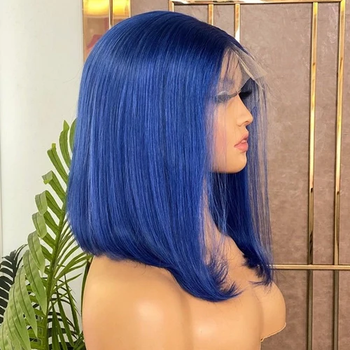 Pelucas de cabello humano Bob corto recto azul, peluca Frontal de encaje 13X4, pelucas frontales de encaje de cabello humano brasileño para mujeres