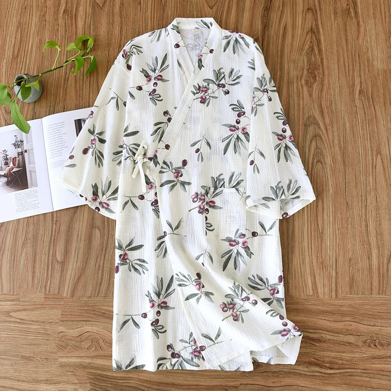 2024 Japanese Spring/Summer Kimono Women\'s Bathrobe 100% Cotton Crepe Kimono Nightgown Cute Home Robe Bath Robe Robes For Women