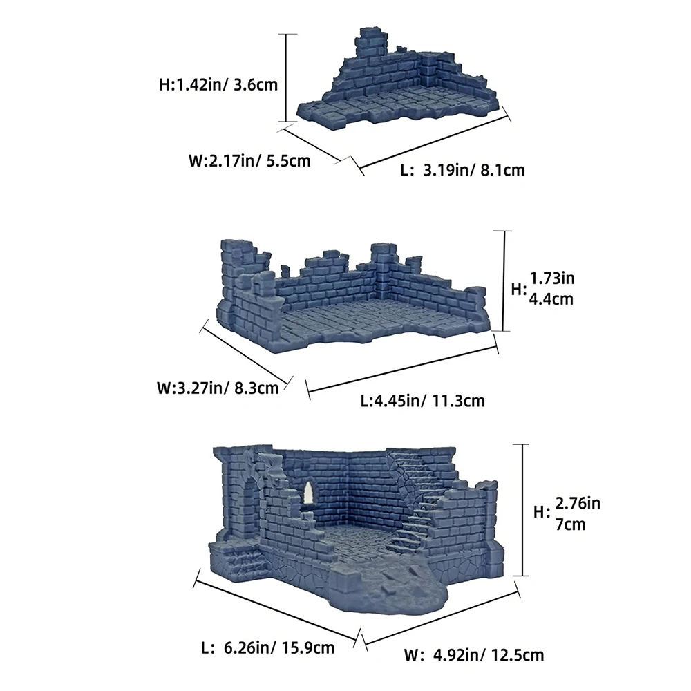 3D 프린팅된 폐허 세트 3개, 판타지 워게임/RPG/DND 역사적 지형 폐허 성 모델 키트용 대형 플레이 가능한 폐허 건물