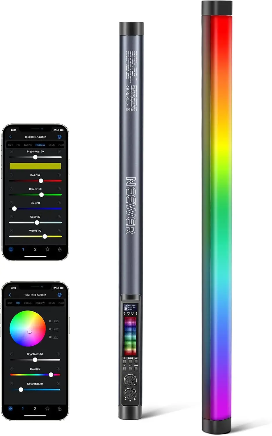 NEEWER TL60 RGB Tube Light, 20W Full Color RGBWW LED Video Lighting Wand Stick, APP 2.4G DMX Control CRI97+ Studio Photography