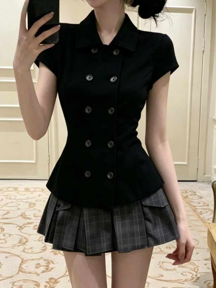 Retro Koreanischer Preppy-Stil Modische Oberteile für Damen Doppelreihiger Kurzarm-Blazer Elegante Party- und Urlaubsmode Tägliche Casual Streetwear