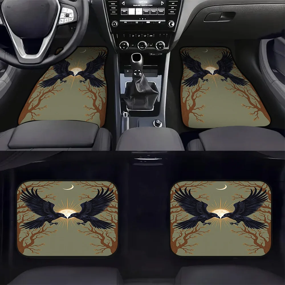 2D Flat Printing, 4pcs Vehicle Floor Mats With Moonlit Ravens Embrace Design, Universal Fit For Sedans, SUVs, And Minivans, Easy
