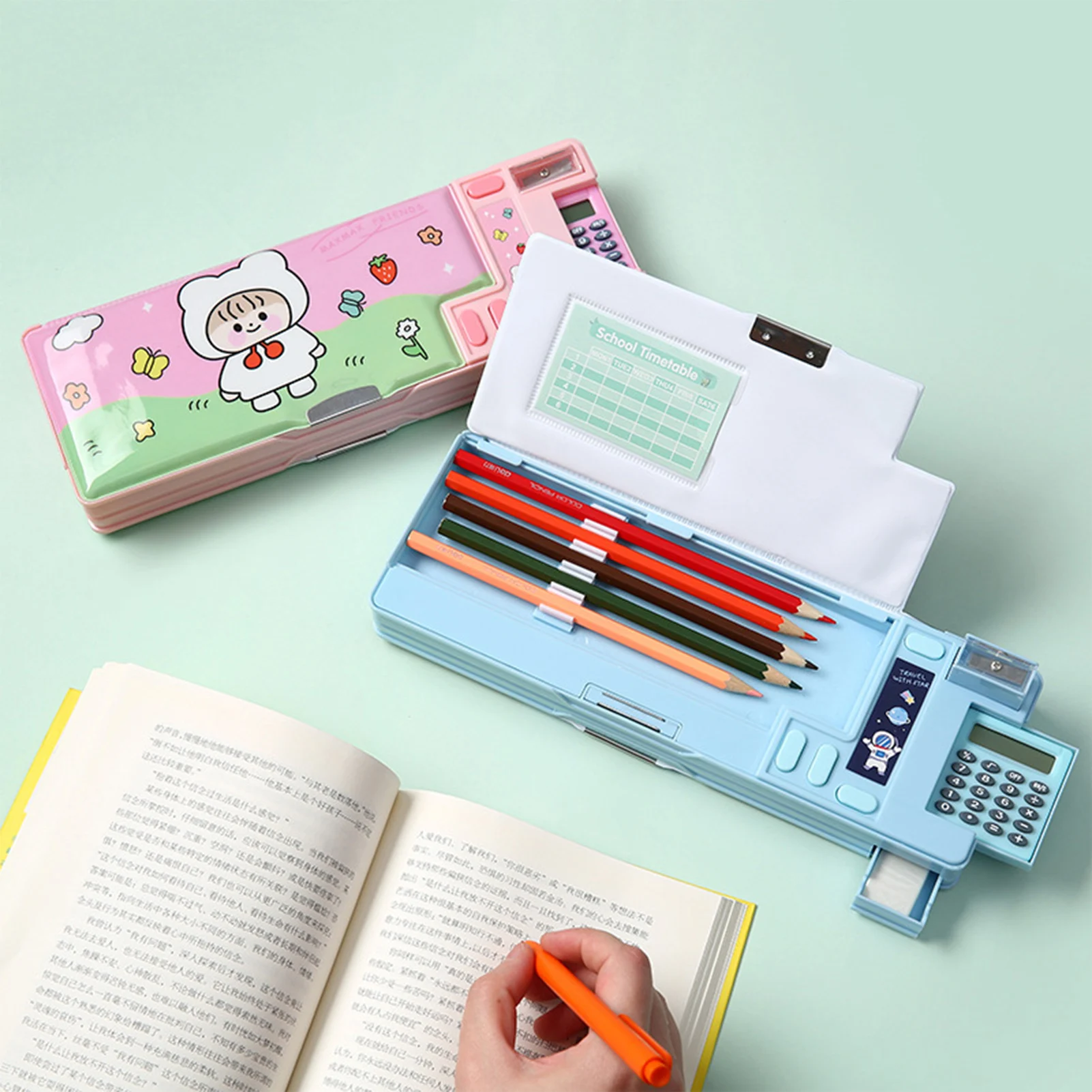 Plastic Pencil Case for Elementary School Students Double-sided Creative Pen Bag With Multifunctional Calculator School Supplies