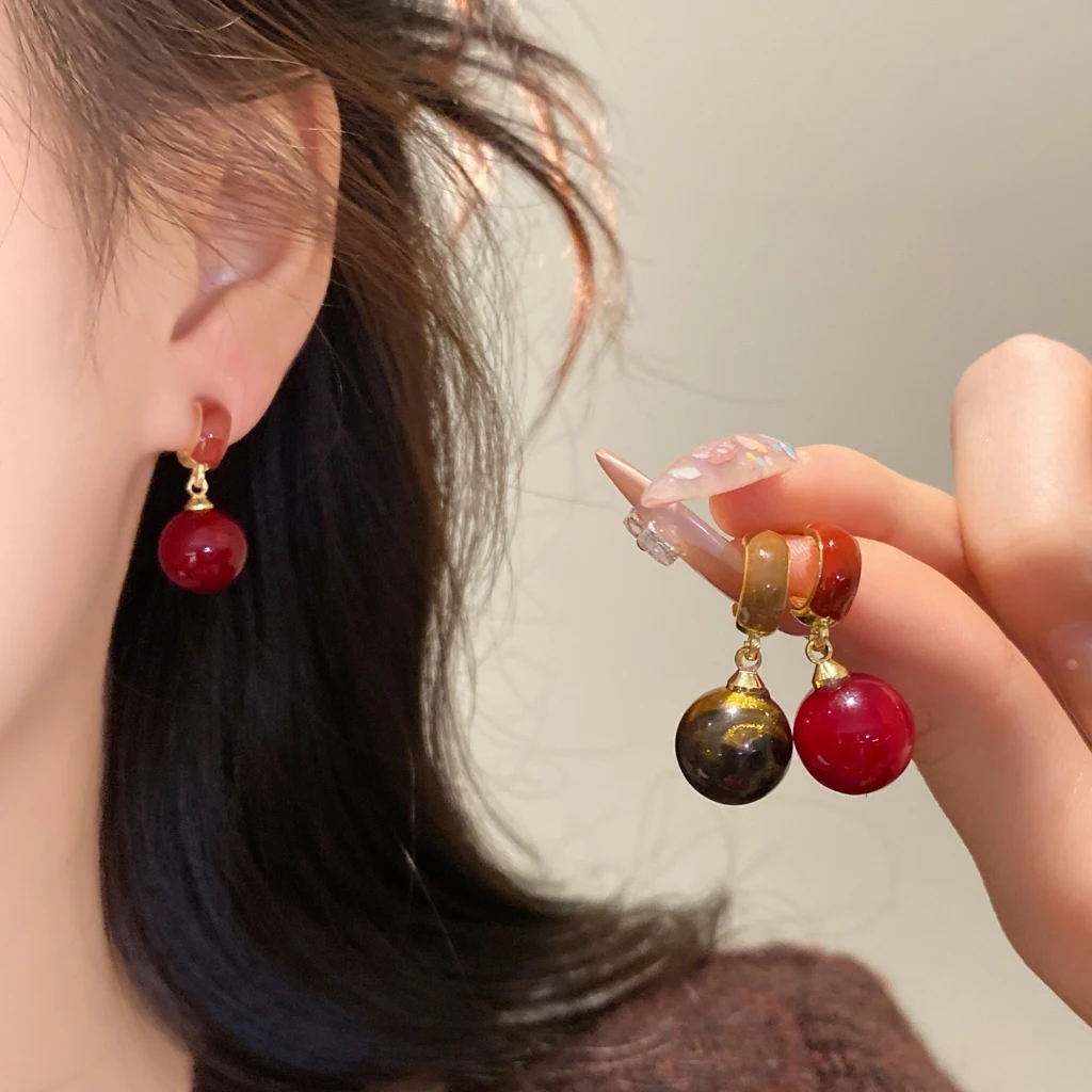 Color Block C Hoop Drop Earring Round Glossy Bead Dangling Earring For Women Daily Dating Casual Outfit Wear