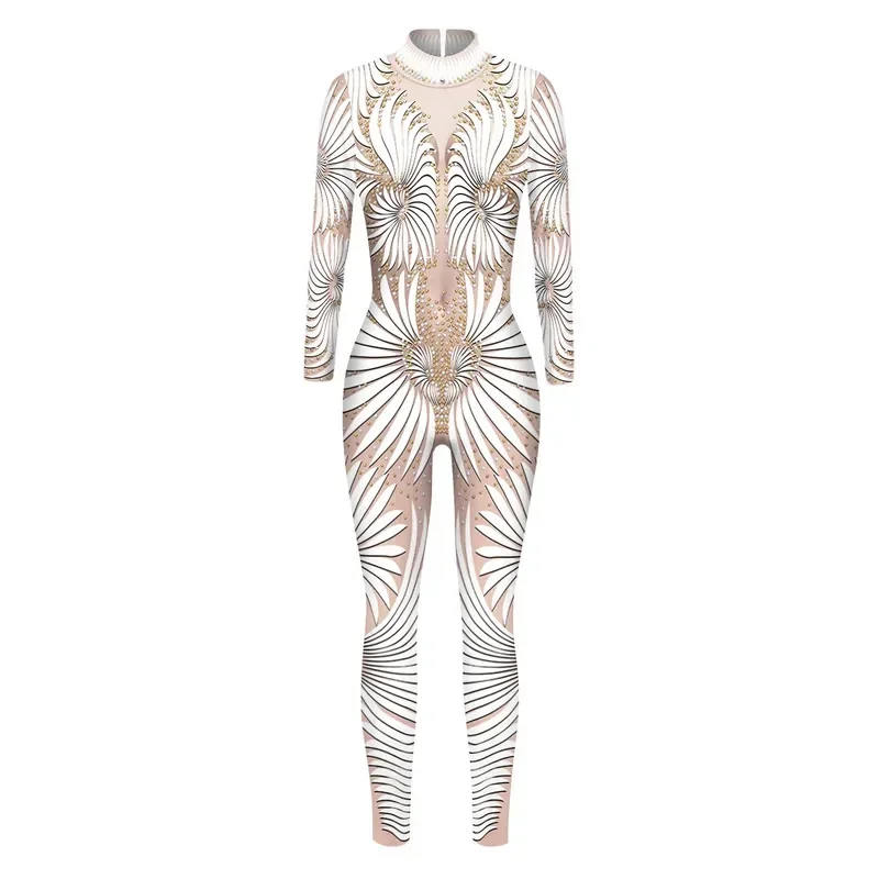 New 2025 Skeleton Robot 3D Printing Bodysuit Zipper Back Halloween Costume Full Body Fall Jumpsuits for Women WeddingX158