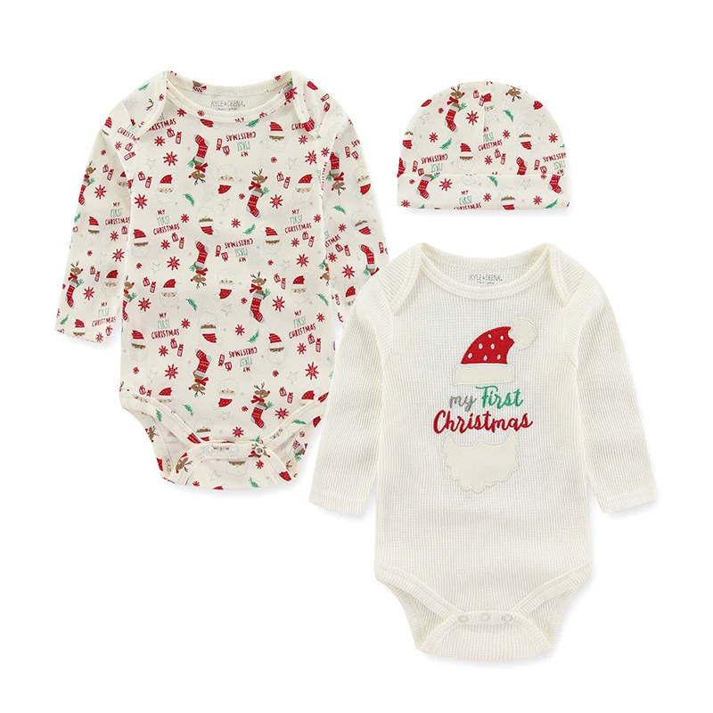 Baby Girl Christmas Outfits Cartoon Print Newborn Clothes Set 2-Pieces Long-Sleeved Bodysuits with Hat Suit Infant Boy Clothing