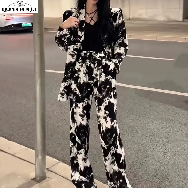 

European ink printed shirt+wide leg pants two-piece set for spring and summer fashion brand loose long sleeved jacket set