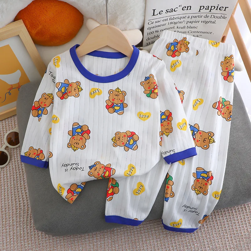 2024 New Summer Children\'s Long-sleeved Trousers Home Clothes Set Cotton Underwear Baby Thin Pajamas Children Clothing