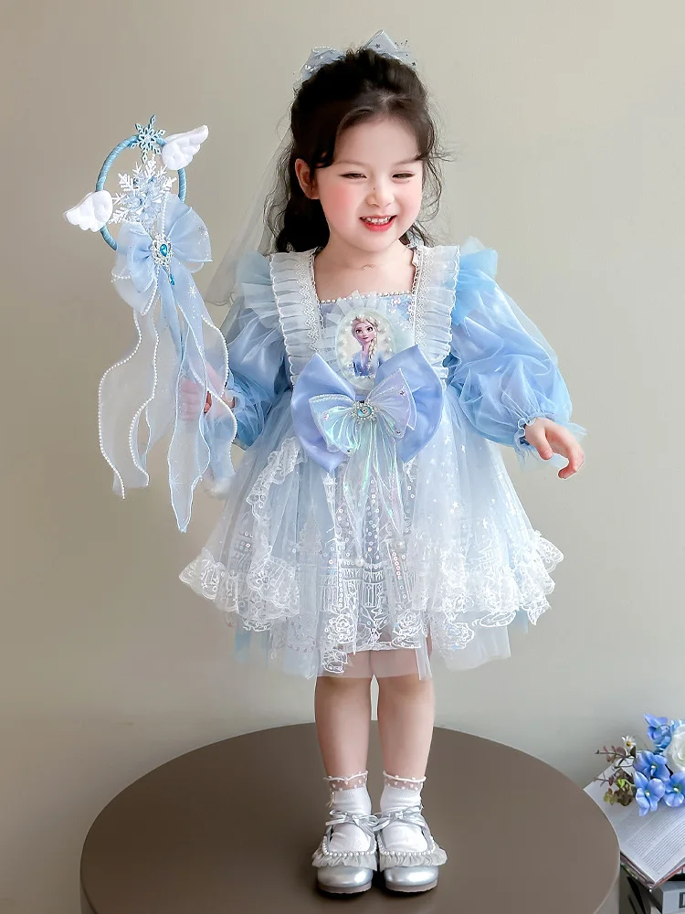 

Girls Princess Elsa Dress Spring Autumn Bow Long Sleeved Ball Gowns Korean Style Kids Square Collar Tulle Birthday Dresses