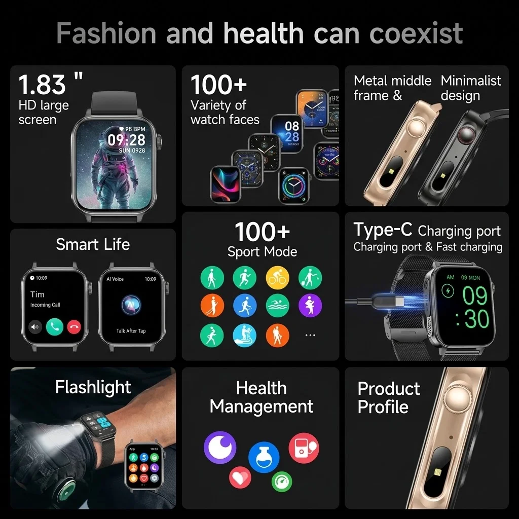 2026 VWAR NEW Smart Watch SMS Bluetooth Calling Type-C Fast Charge Heart Rate Blood Oxygen Monitor IP67 Waterproof Smartwatches