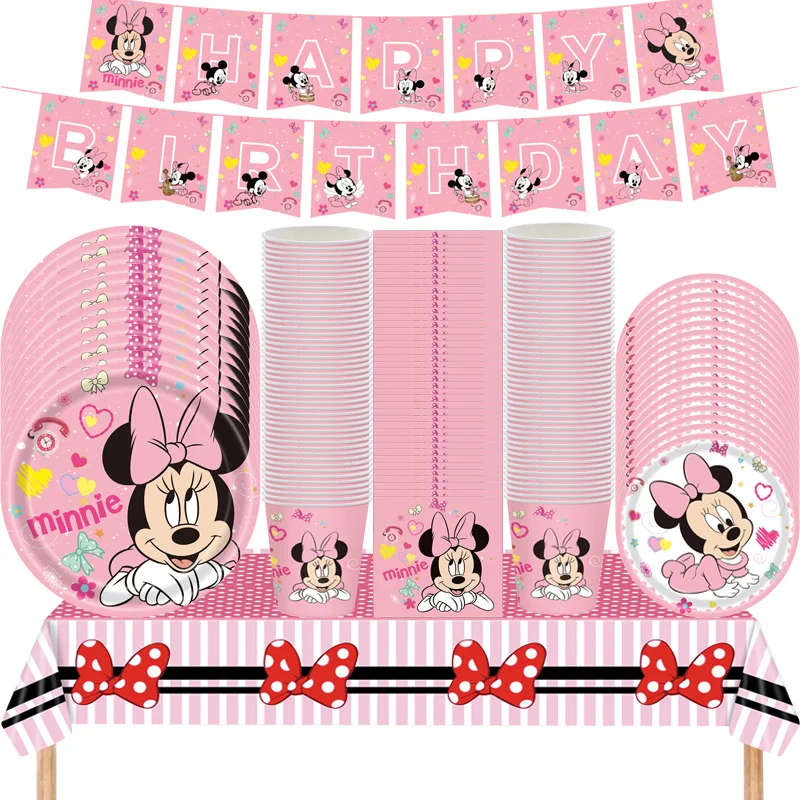 Disney Minnie Mouse Party Supplies Minnie Theme Banner Cup Plates Napkins For Kids Baby Shower Birthday Party Decoration Set