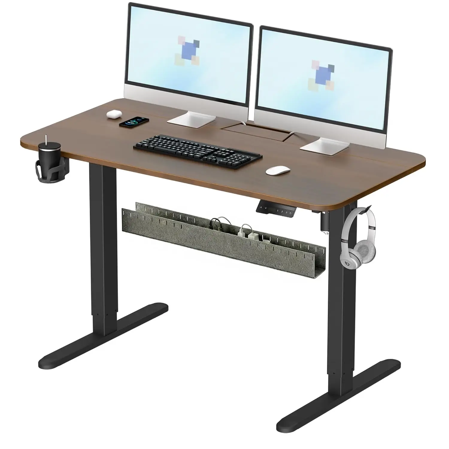 Standing Desk 55x24 Walnut with Cable Tray, Memory Preset & Anti-Collision, Quiet Motor, Stable Sit Stand Table for Home Office,