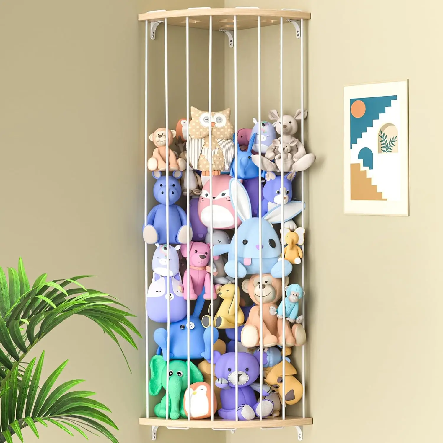 

Adjustable Wooden Corner Stuffed Animal Organizer with Star Pattern for Nursery, Playroom, Bedroom