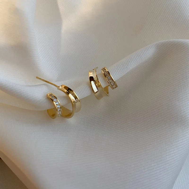 2024 New Vintage Gold Color C-Shaped Stud Earrings for Women Double Ring With Zirconia Temperament Jewelry Party Gifts
