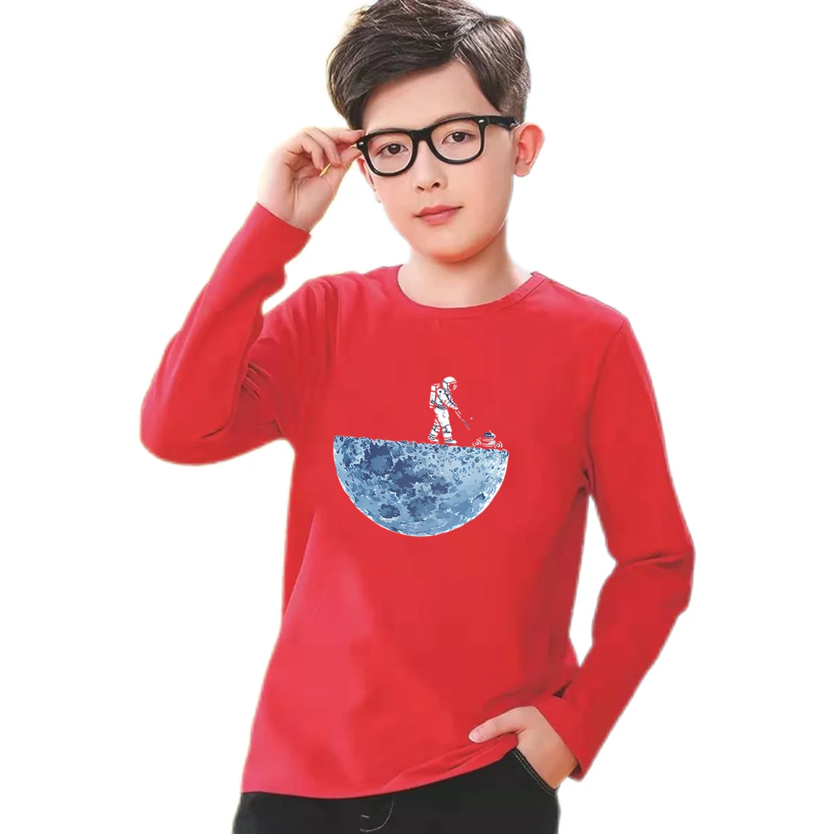 Kids Astronaut mowing the moon Clothing 3-14 Years Long Sleeve Boys' T-Shirts Spring Autumn Cotton Tee Tops Children Boy Tops