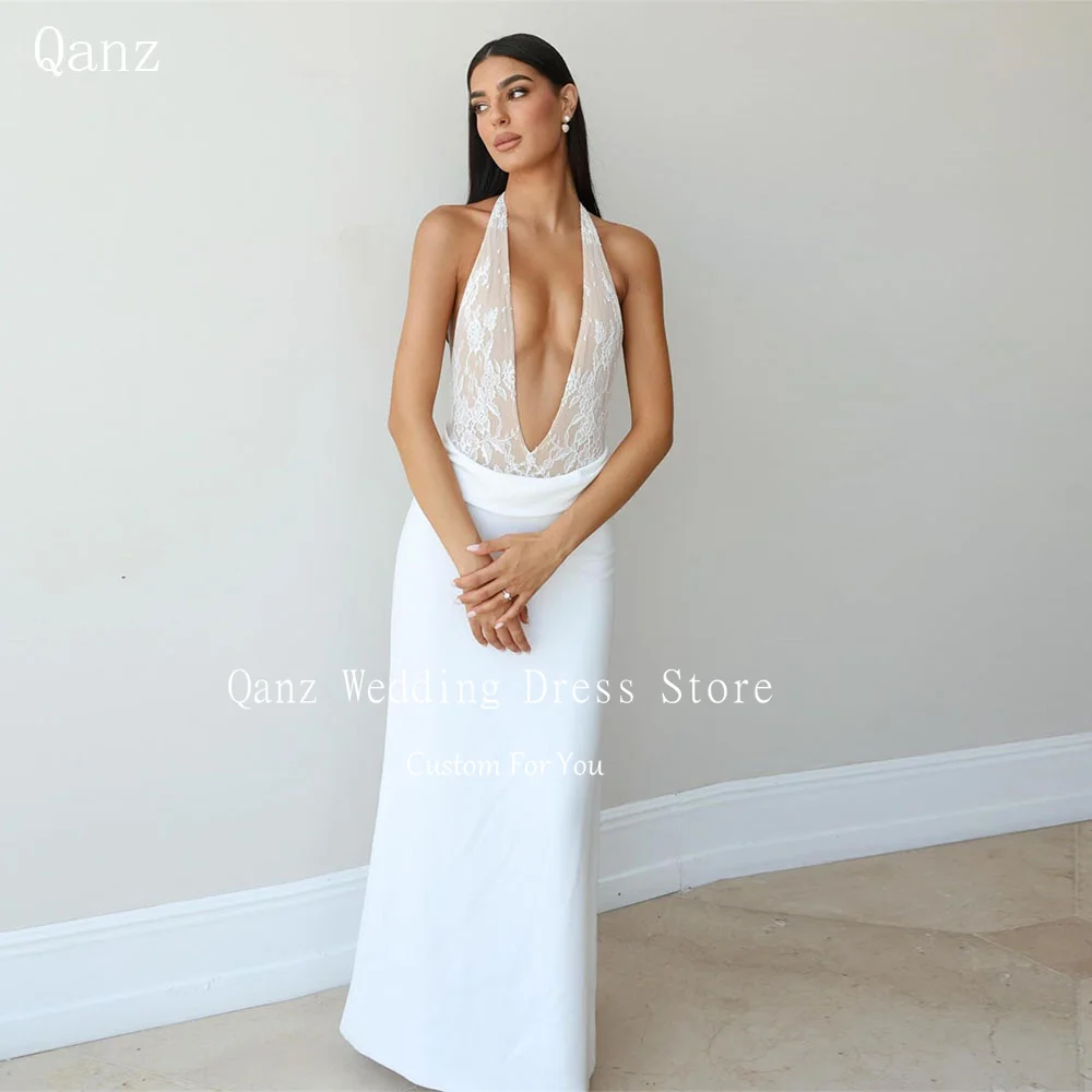 

Qanz Modern White Satin Wedding Dress Halter Mermaid Sleeveless Lace Bridal Gowns Deep V Neck Robe Mariage Civil Customized