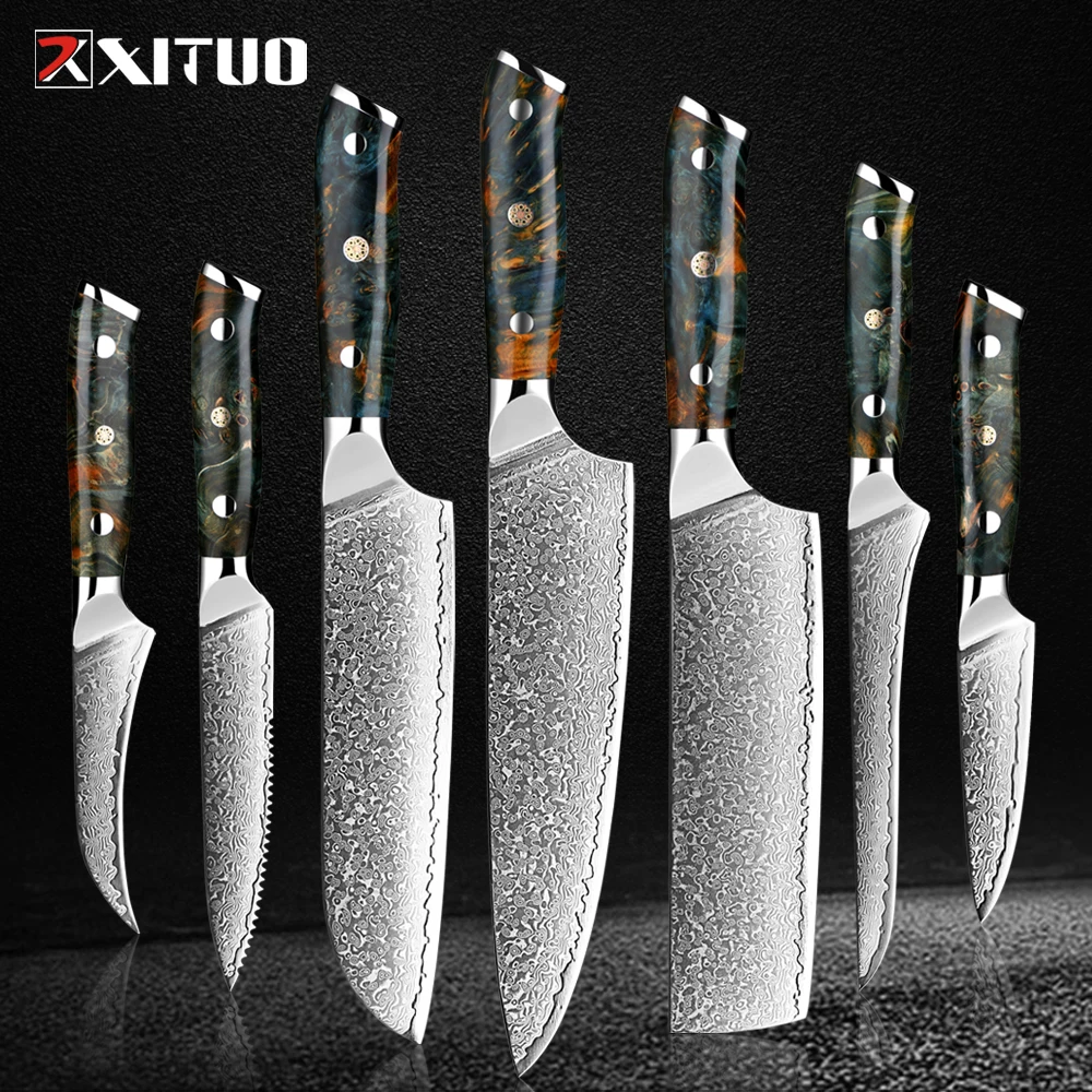 

Damascus Steel Chef Knife Set 1-7Pcs Chef Knife Sharp Kitchen Knives Professional Cooking Knife Santoku Boning & Utility Knives