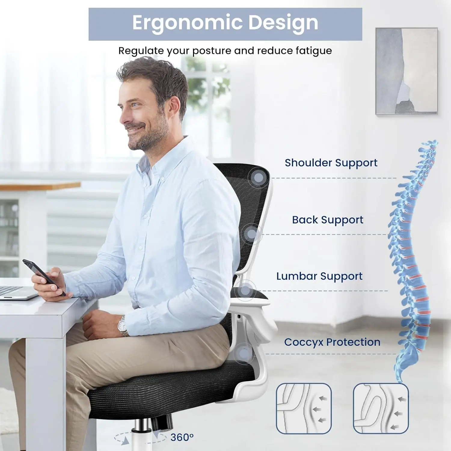 Kursi, kursi meja ergonomis dengan penyangga Lumbar dan sandaran tangan dapat disesuaikan, kursi meja nyaman, Chai Mid Back komputer