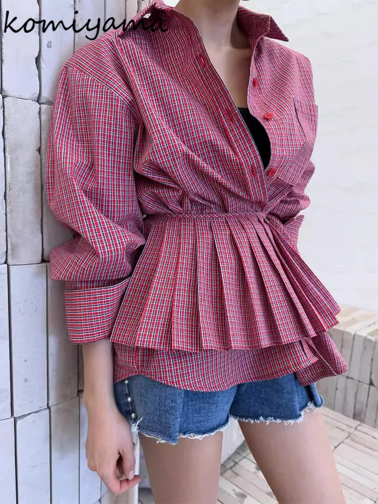 

Plaid Woman 2025 Shirts & Blouses Long Sleeve Blusas Laple Neck Ropa De Mujer Single Breasted Camisas Clothing with Cummerbunds