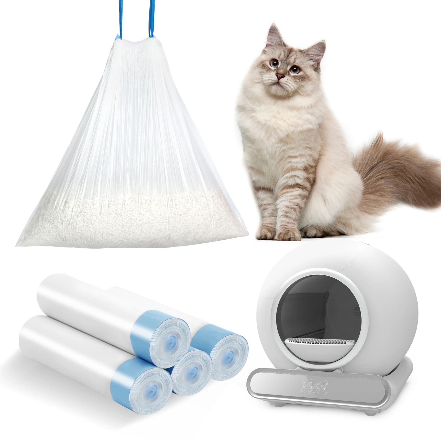 Self-Cleaning Cat Litter BoxPoop Bags, Drawstring Closure,Thickened Version, 60 Pieces per Pack