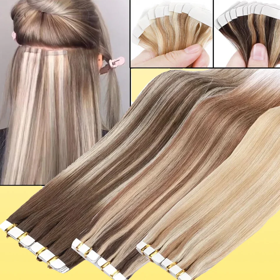 Yelo Straight Tape In Hair Extensions Human Hair European Remy Tape Ins Adhensive Real Thick Human Hair Extensions 20pcs 50G