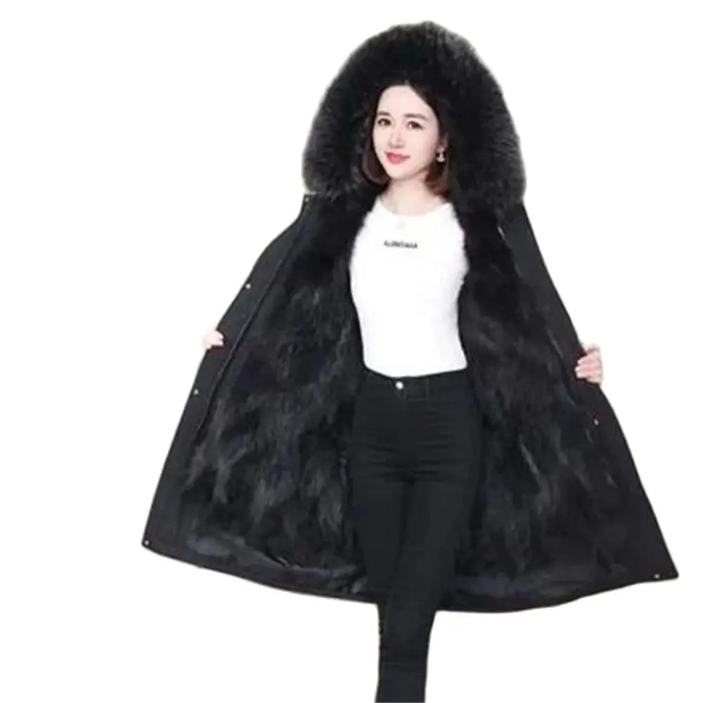 Big Fake Fur Raccoon Fur Russian Jacket Warm Clothing Tops Warm Outerwear  Winter Thick Cotton Hooded Coat for Ladies 2024