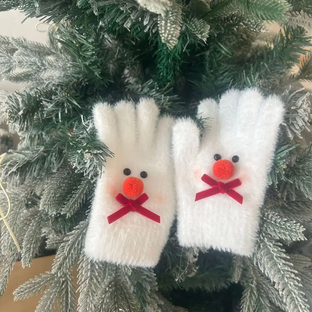 

Fashion Sweet Snowman Plush Gloves Touchscreen Warm Five-finger Mittens Knitted Bowknot Cycling Gloves Winter