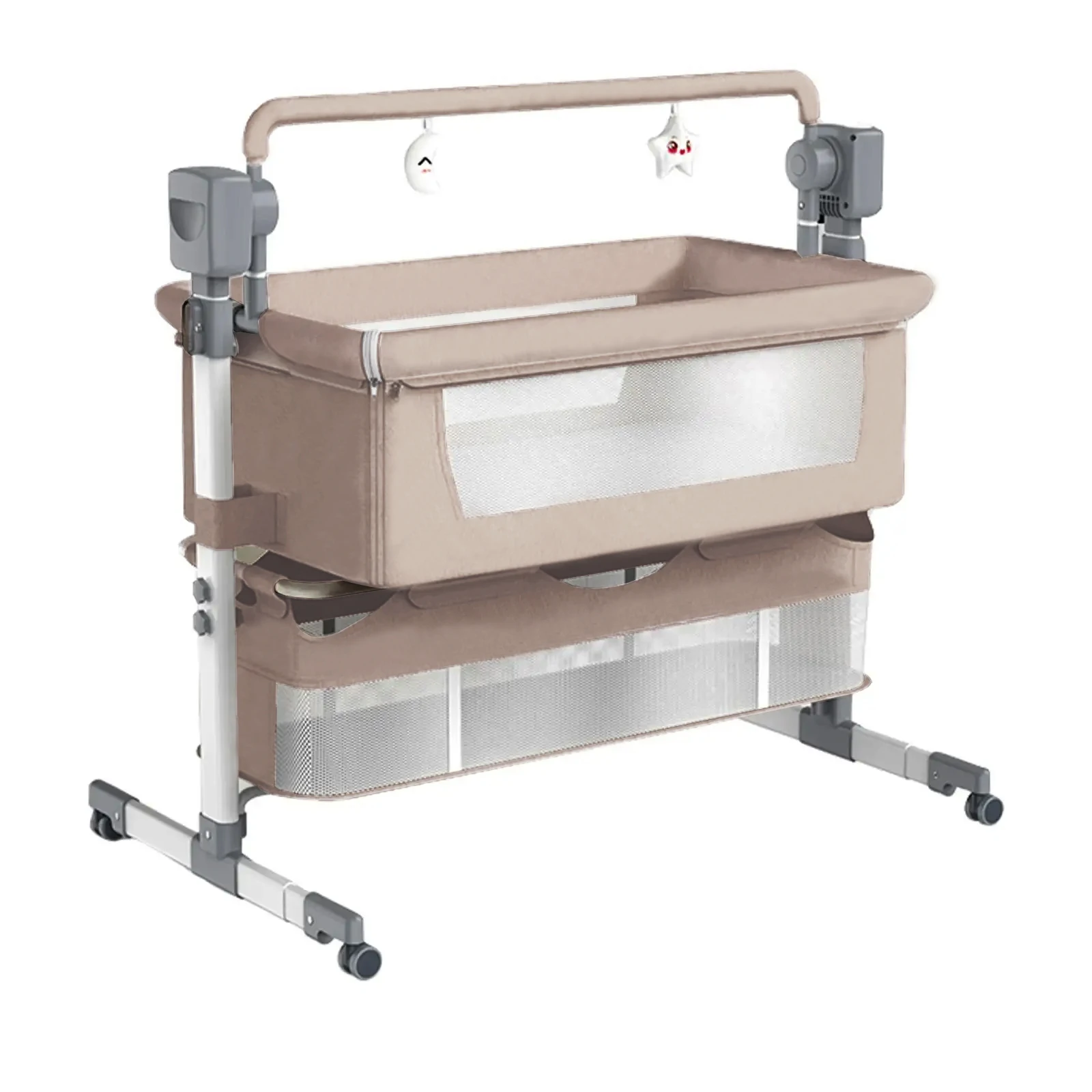 Elektrische 3-in-1 babybedje, nachtkastje, kinderstoel en schommel met Bluetooth, afstandsbediening, opbergmand en wielen voor In