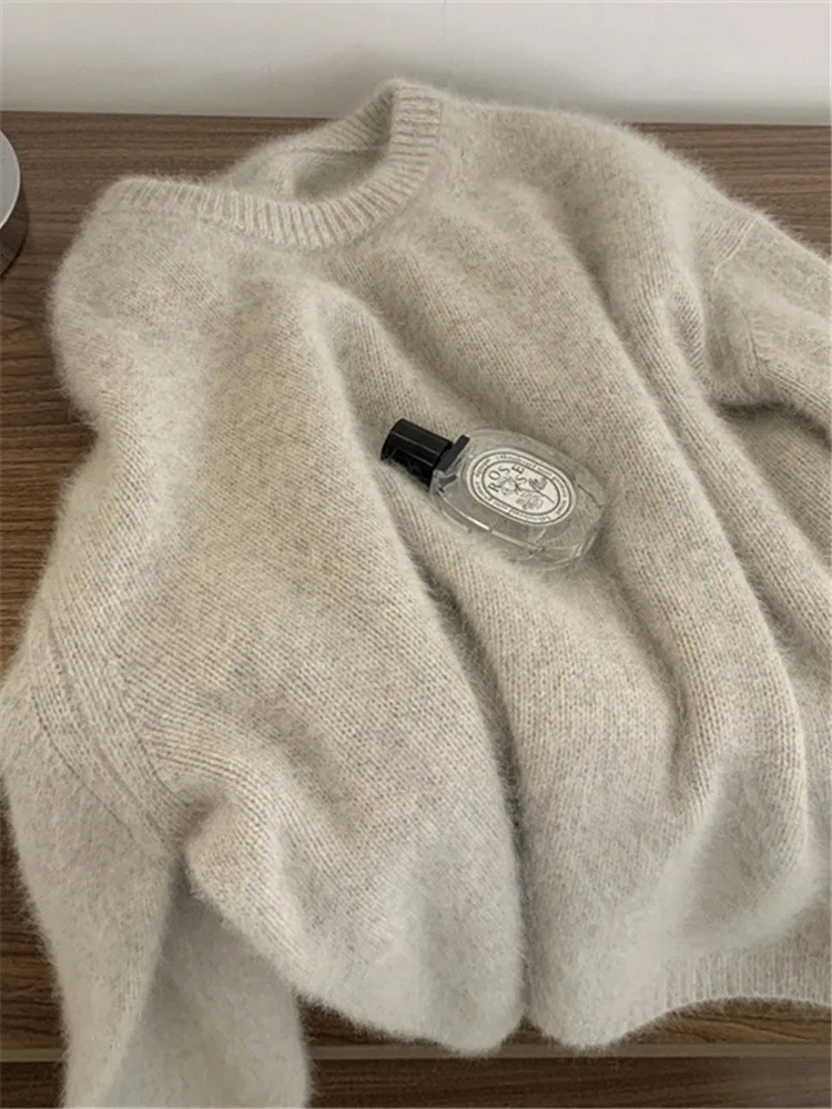 Soft Plush Sweater Women's Autumn Winter O-Neck Loose All-Matched Knit Pullover Korean Style Solid Mohair Long Sleeved Top