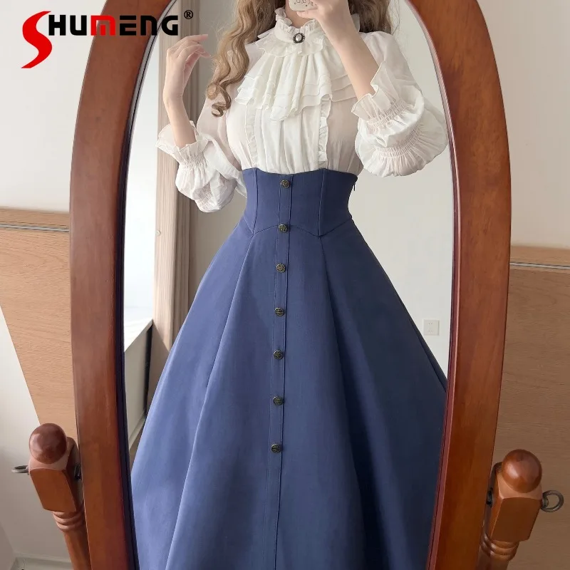 

Japanese Lolita Style 2025 Autumn Classic Versatile Chic Half Skirt Ladies Long Single-Breasted Vintage Elegant Fishbone Skirts