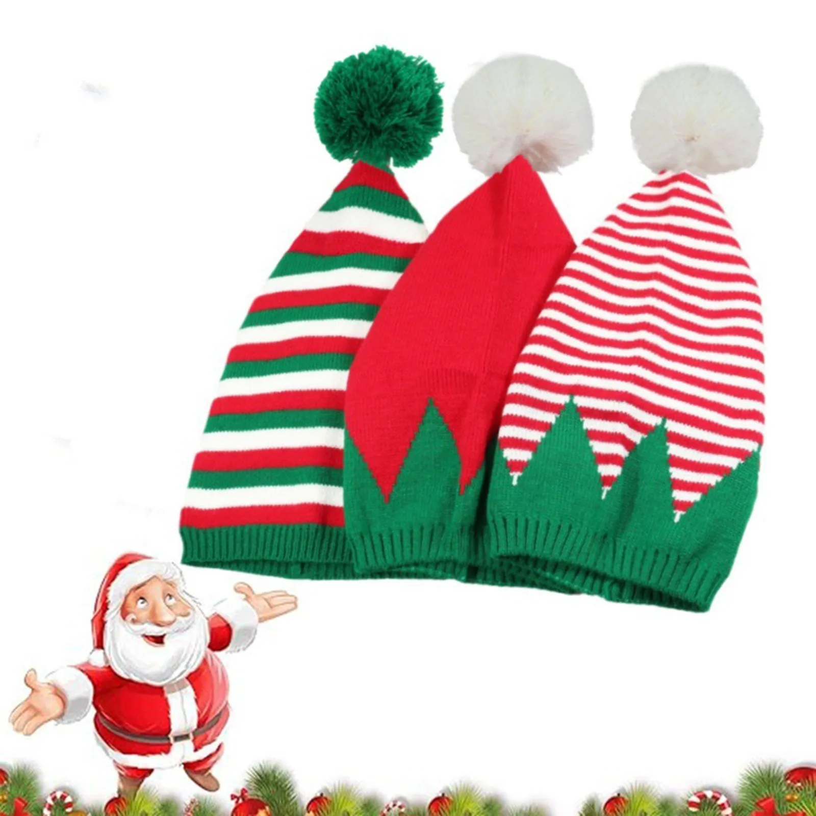 Knitted Christmas Hat For Adults Unisex Cute Green Red Striped Xmas Hat For New Year Festive Party