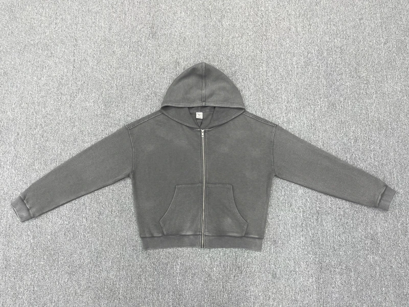 Waffle Knit Full Zip Hoodie for Men Vintage Washed Hooded Sweatshirt Casual Loose Cotton Kangaroo Pocket Streetwear Clothes