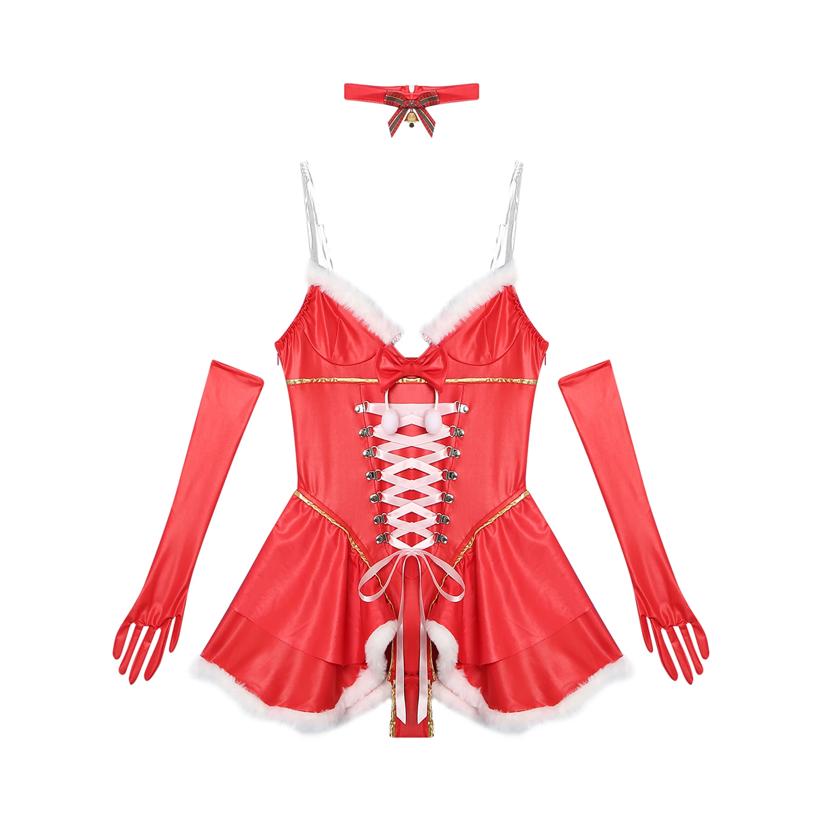 3Pcs Christmas Lingerie Sets Role Play Dress Sleeveless Lace-up Tutu Dress Bodysuit with Opera Gloves And Choker Nightwear Set